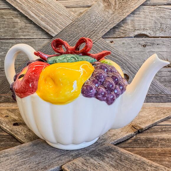 1992 Vintage Fitz and Floyd Omnibus Fruit Basket Tea Pot w/ Red Bow - Picture 7 of 10